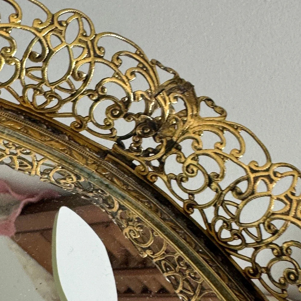 Vintage Ornate Gold Filigree Mirror Vanity Tray Hollywood Regency MCM Decor